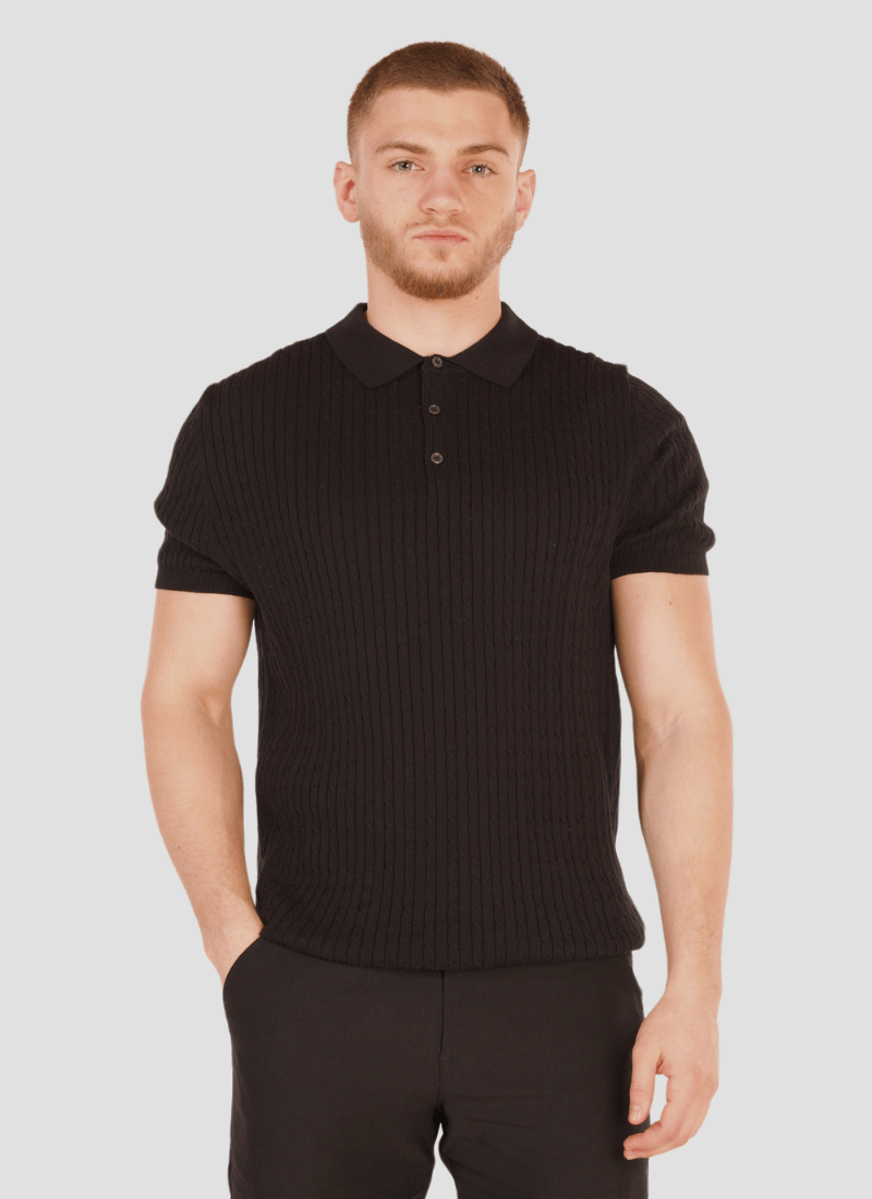 Fine Cable Knit Polo Shirt